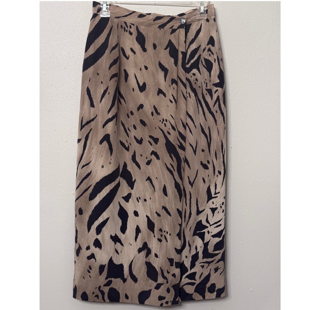 Jones New York Silk Wrap Midi Skirt Tan Black Animal Print Size 8 Classic Office